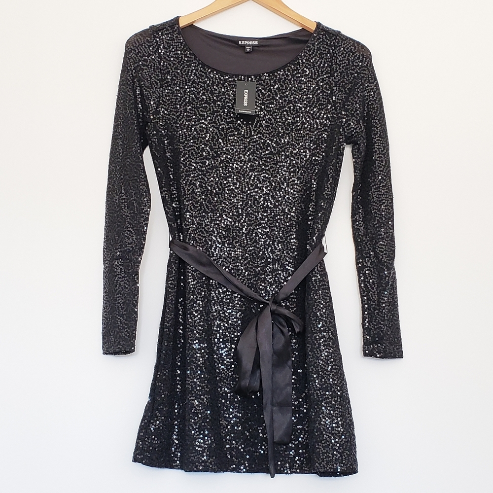 Express sequin lbd shift dress with silk waist tie